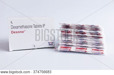 Maski, India - June 06, 2020 : Dexamethasone Steroid Drug Or Tablets On Isolated Background.