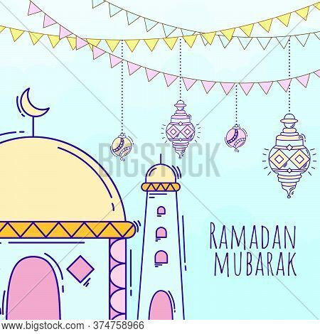Ramadan Kareem Background With Hand Drawn Doodle Of Islamic Ornament, Mosque, Lantern, And Garlands.
