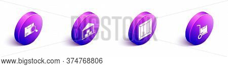 Set Isometric Search Package, Warehouse, Wooden Box And Hand Truck And Boxes Icon. Vector