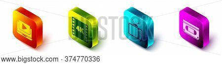 Set Isometric Online Play Video, 4k Movie, Tape, Frame, Retro Tv And Vhs Video Cassette Tape Icon. V