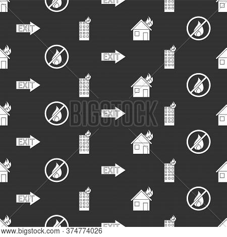 Set Fire In Burning House, No Fire, Fire Exit And Fire In Burning Building On Seamless Pattern. Vect
