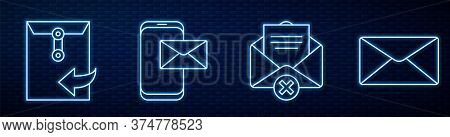 Set Line Delete Envelope, Envelope, Mobile And Envelope, Envelope And Speech Bubble Chat. Glowing Ne