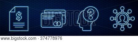 Set Line Human Head With Question Mark, Contract Money, Credit Card And Business Network And Communi