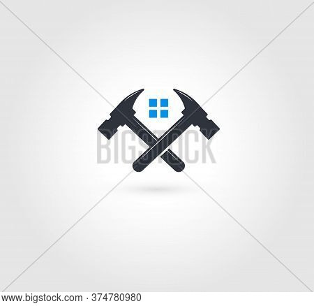 Crossed Hammers Logo. Home Repairs Emblem. Fixing, Mending Tools Icon. Window Installation, Maintena