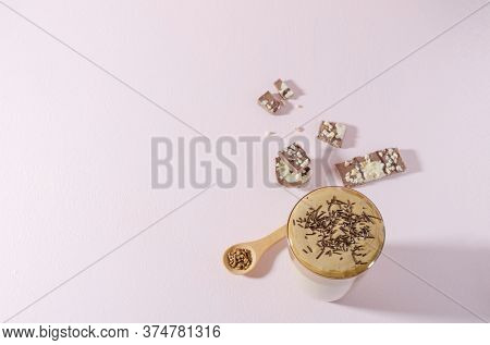 Korean Coffee Dalgon In High Glass On A Light Background. Nearby Lies A Wooden Spoon With Coffee And