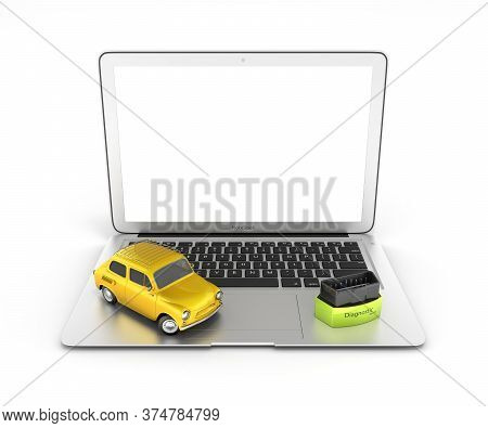Car Diagnostic Concept Close Up Of Laptop With Obd2 Wireless Scanner And Retro Car On White Backgrou