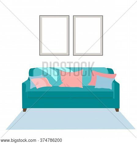 Vector Stock Illustration Of A Sofa. Nice Room Green Sofa, Cozy Pillows Paintings On The Wall, Carpe