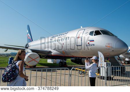August 30, 2019. Zhukovsky, Russia. Russian Short-range Narrow-body Passenger Aircraft  Sukhoi Super