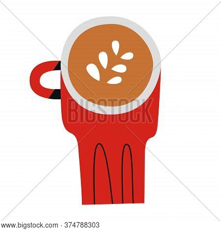 Cappuccino Doodle Cup, Red Mug With Capuccino Coffee Drink With Milk Foam, Hand Drawn Icon, Isolated