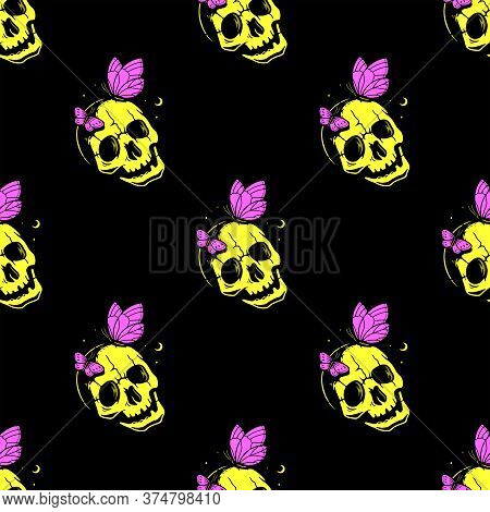 Skull With Butterflies Yellow Seamless Pattern Black Background