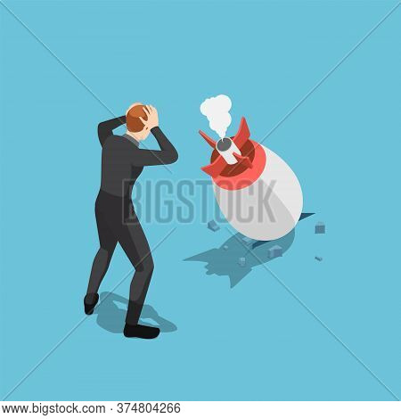 Flat 3d Isometric Sad Businessman Looking At Rocket Crashed. Startup Business Fail Concept.