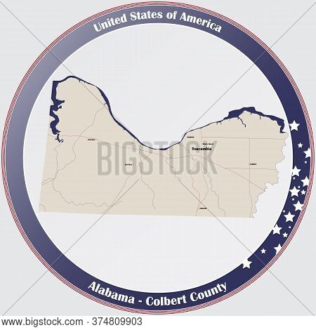 Round Button With Detailed Map Of Colbert County In Alabama, Usa.