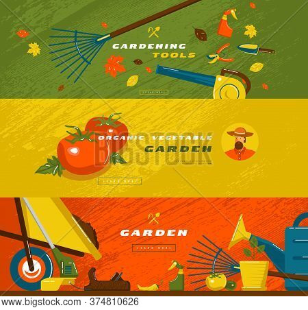 Stock Vector Illustration Of Gardening Hobby Banner Set With Tools And Vegetables. Design In Flat St