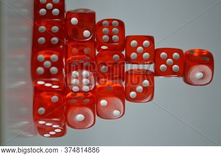 Pile Of Multiple Red Plastic Arcylic D6 Six Sided Die Dice Variable Focus