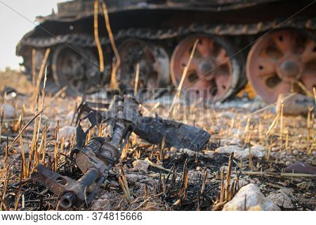 Destroyed Gun On The Roadside After Its Owner Was Killed By Airplane Bombing In Syria
