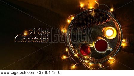 Christmas Theme With Candles, Snow, Pine Cone And Christmas Light