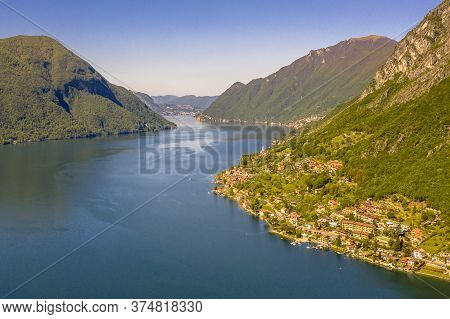 Aerial View Of Lake Lugano Seen From Porlezza, Cima, Lombardia, Italy