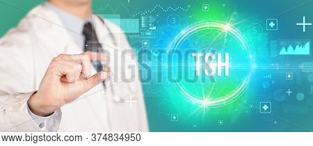 Close-up of a doctor giving you a pill with TSH abbreviation, virology concept