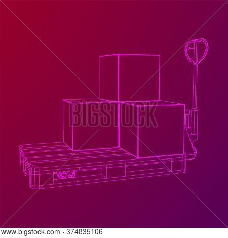 Hand Pallet Jack Lift With Pallet And Stacked Goods Cardboard Boxes. Manual Forklift. Logistics Ship