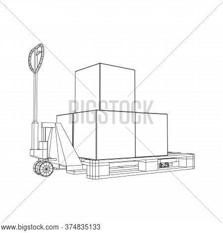 Hand Pallet Jack Lift With Pallet And Stacked Goods Cardboard Boxes. Manual Forklift. Logistics Ship