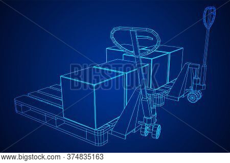 Hand Pallet Jack Lift With Pallet And Stacked Goods Cardboard Boxes. Manual Forklift. Logistics Ship