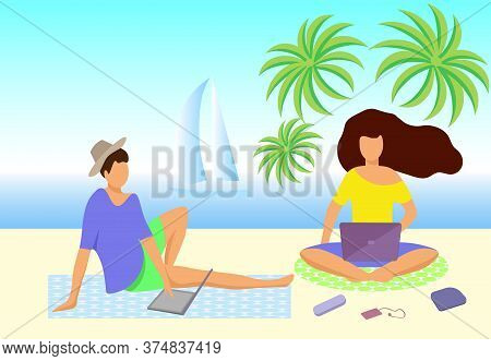 Vector Illustration Young People Spend Time On The Beach Working On A Laptop