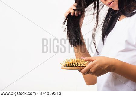 Asian Woman Unhappy Weak Hair Her Hold Hairbrush With Damaged Long Loss Hair In The Comb Brush On Ha