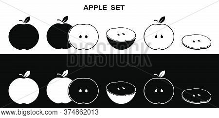 Fulll Set Of Apple Icons. Whole, Cut, Slice And Ringlet. Part Of Menu Design. Black And White Vector