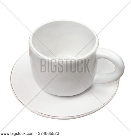 Blank White Fictile Cup Of Tea And Dish Isolated On White Background. Clean Glossy Tea Pair. Glossy 