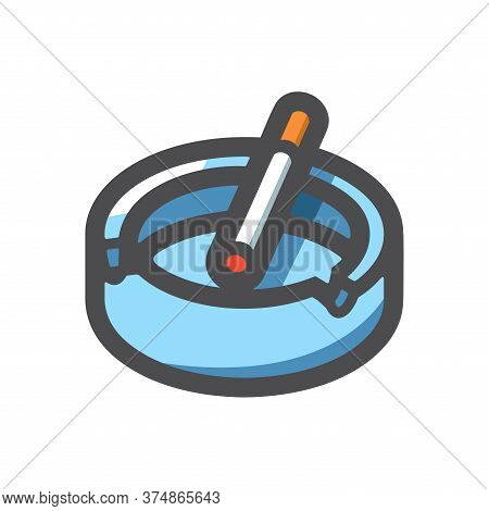 Ashtray And Cigarette Lighted. Ash Collector. Vector Cartoon Illustration