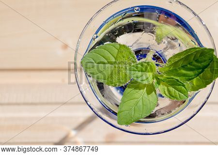 Mint Julep In Glass .cold Soft Drink With Mint.lemonade Drink In A Glass. Fresh Natural Organic Herb