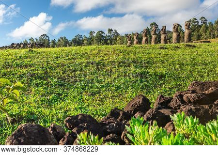 Seven Ahu Akivi Moai, Which Are The Only Moai To Face The Sea. Easter Island.