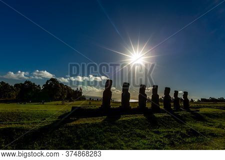 Seven Ahu Akivi Moai, Which Are The Only Moai To Face The Sea. Easter Island.