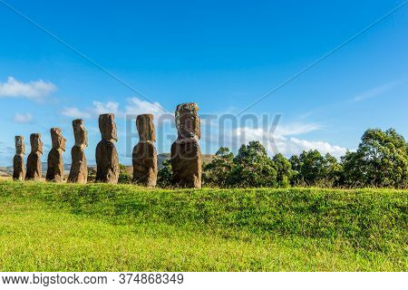 Seven Ahu Akivi Moai, Which Are The Only Moai To Face The Sea. Easter Island.
