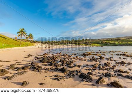 Anakena Beach On Easter Island, Rapa Nui In Chile