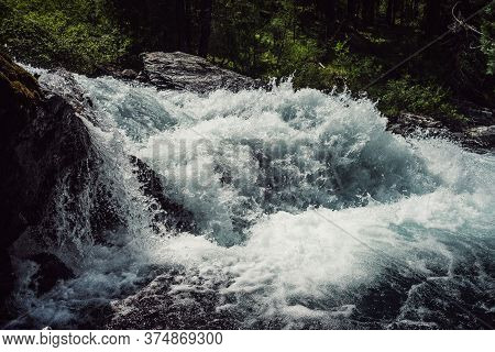 Big Rapids Of Powerful Mountain River. Beautiful Background With Azure Water In Fast River. Frozen M