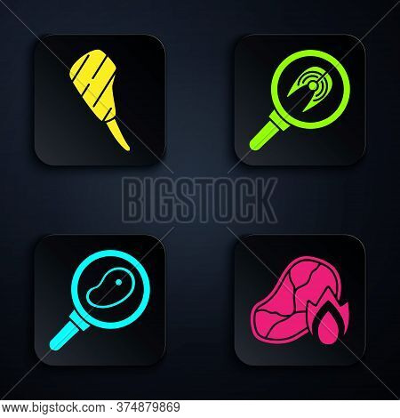 Set Grilled Steak Meat And Fire Flame, Rib Eye Steak, Steak Meat In Frying Pan And Fish Steak In Fry