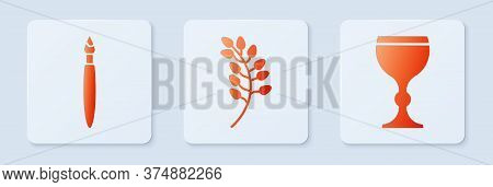 Set Willow Leaf, Paint Brush And Wine Glass. White Square Button. Vector