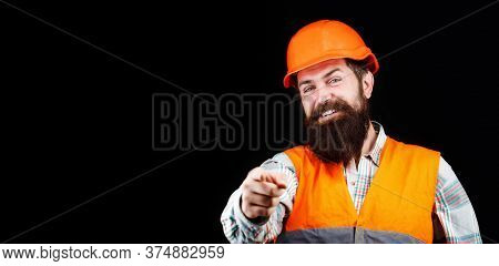 Man Builders, Industry. Builder In Hard Hat, Foreman Or Repairman In The Helmet. Portrait Of A Build