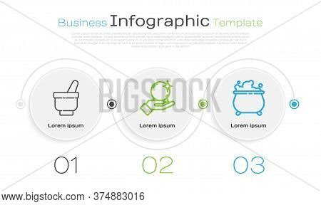 Set Line Magic Mortar And Pestle, Magic Ball On Hand And Witch Cauldron. Business Infographic Templa