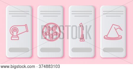 Set Line Cannon, Pentagram In A Circle, Witches Broom And Witch Hat. White Rectangle Button. Vector