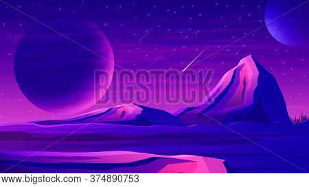 Mars Purple Space Landscape With A Large Planets, Starry Sky, Meteors And Mountains. Space Landscape