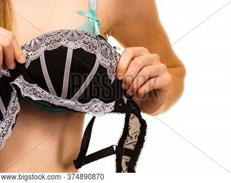 Woman Trying On Black Bra With Lace
