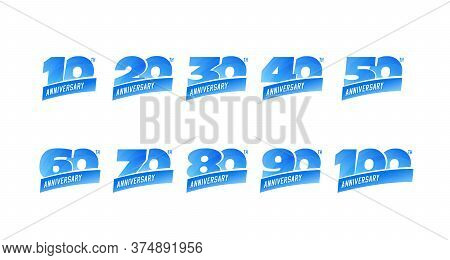 Set Of Anniversary Signs From 10 To 100. Numbers In Blue Colors. Stock Vector Emblem Design Elements