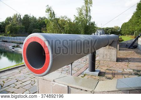 The Gun Barrel Of A Ship Like A Battleship 305 Mm. Military Equipment Of The Second World War.