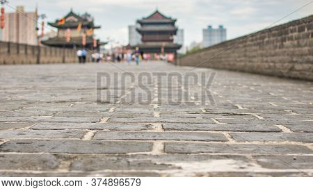 Selective Focus Of Top Of The Xian City Walls Largest And Best Preserved Old City Walls In China