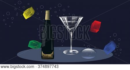 Crystal Glass, Exclusive Bottle Of Wine, Colored Pieces Of Ice, Abstract Dark Background - Illustrat
