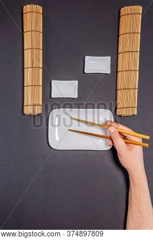Empty Sushi Plate, With Space For Text, Freespace, Mockup. Vertical Photo