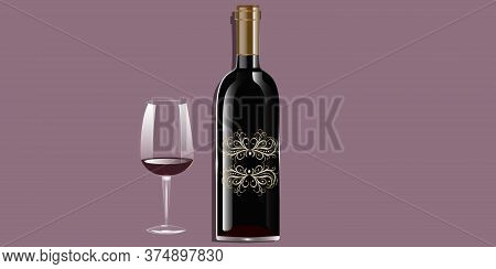 Glass Of Wine, Bottle Of Red Wine, Vintage Pattern - Illustration, Vector. Banner.