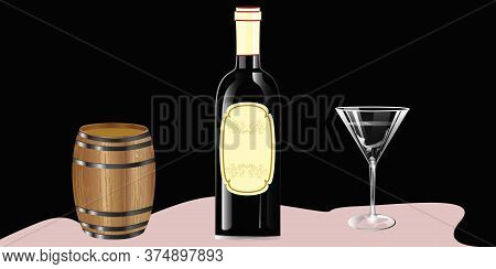 Barrel With A Hoop, A Bottle With A Label, A Glass With Red Wine - Illustration, Vector. Banner.